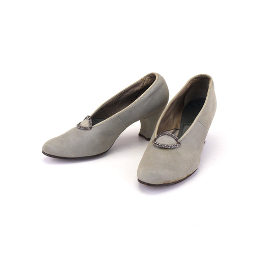 1920s Pale Grey Suede Pumps w Steel Buckle UK 4