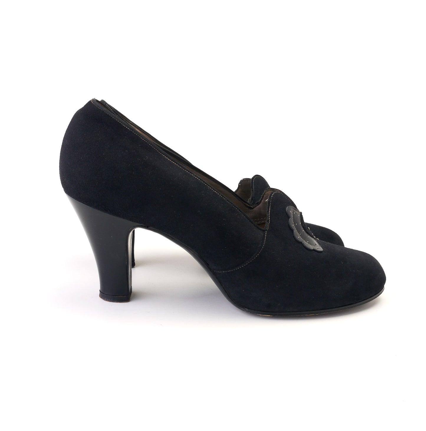 1930s Black Suede Pumps w Patent Heels UK 6