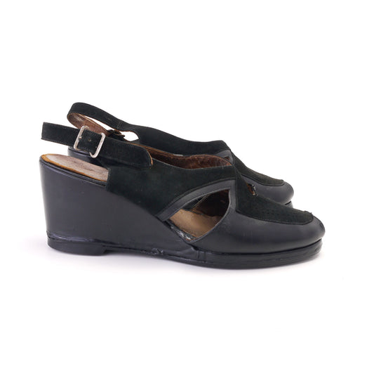 1940s Black Leather & Suede Slingback Wedges UK 5