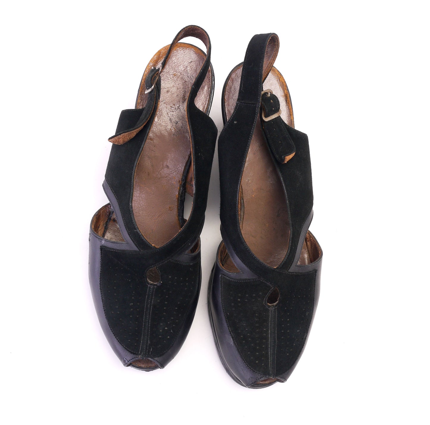 1940s Black Leather & Suede Slingback Wedges UK 5