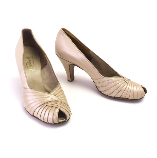 Early 1950s Pearlised Beige Peep Toes UK 4