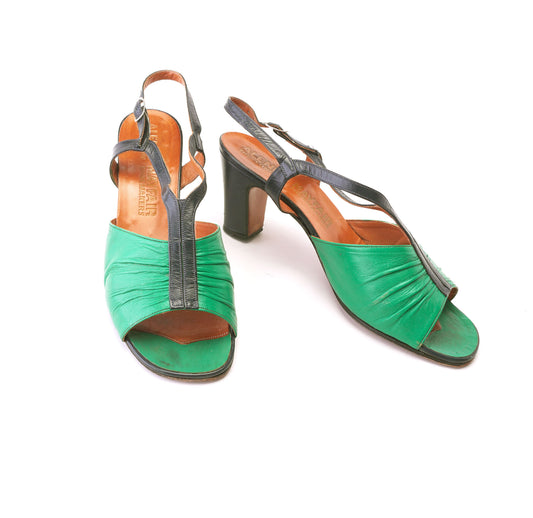 1970s Green & Navy Alende Slingback Sandals UK 5.5