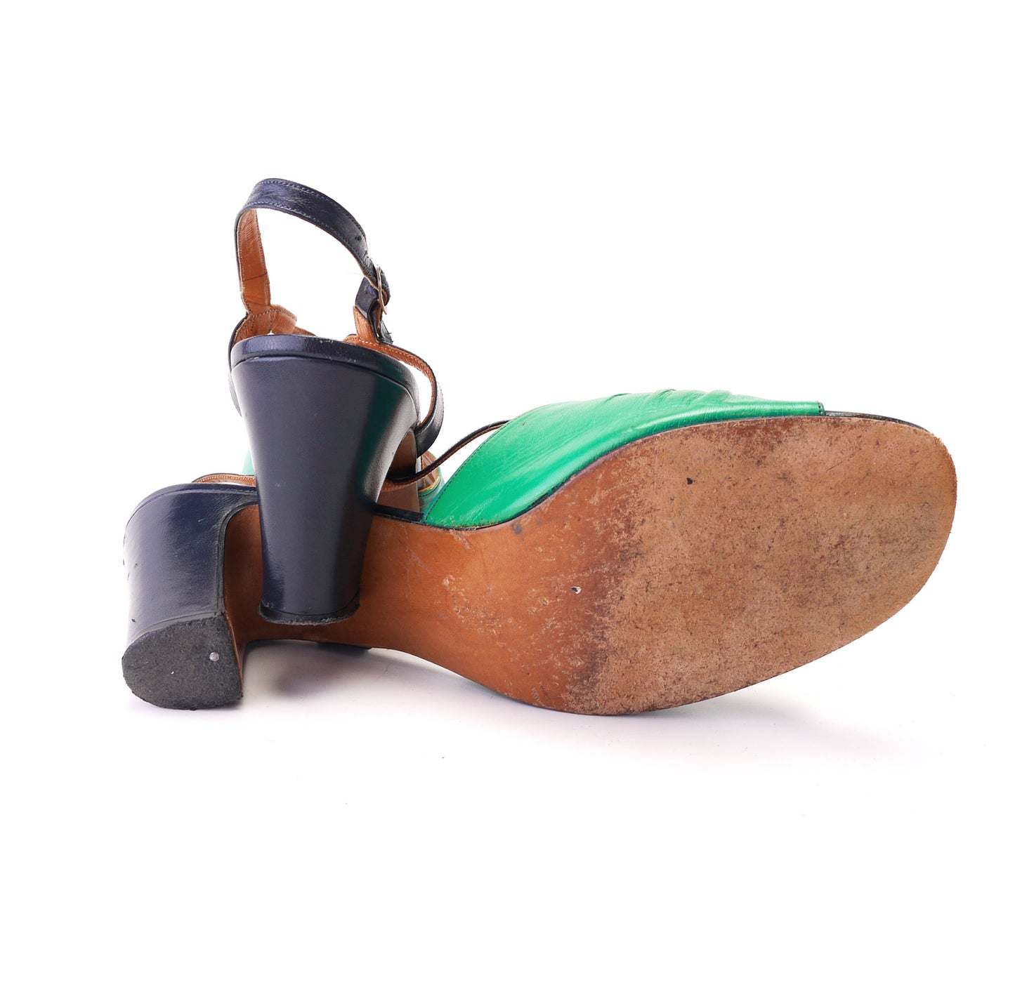 1970s Green & Navy Alende Slingback Sandals UK 5.5