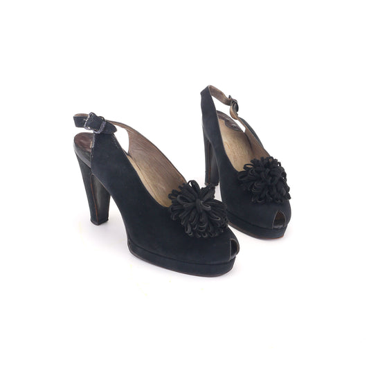 1940s Black Suede Platforms with Pompom by Ascott UK 2.5