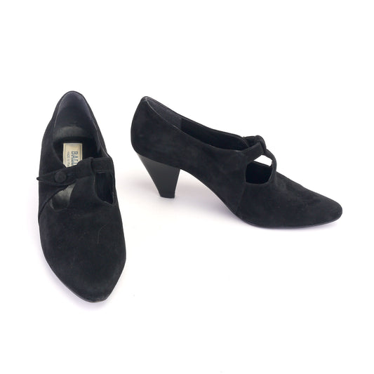 1980s Bally Black Suede T Bar Shoes UK 4.5