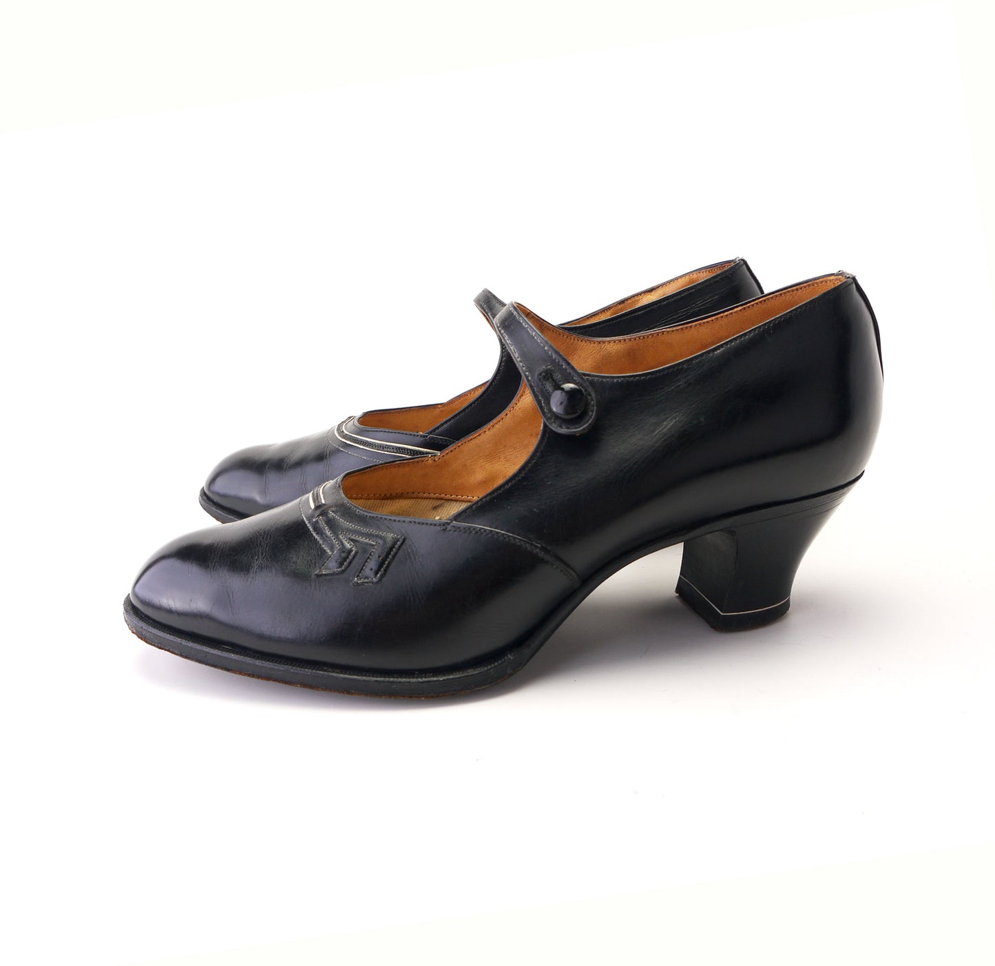 1920s Black Glacé Bar Shoes with Deco Trim UK 4