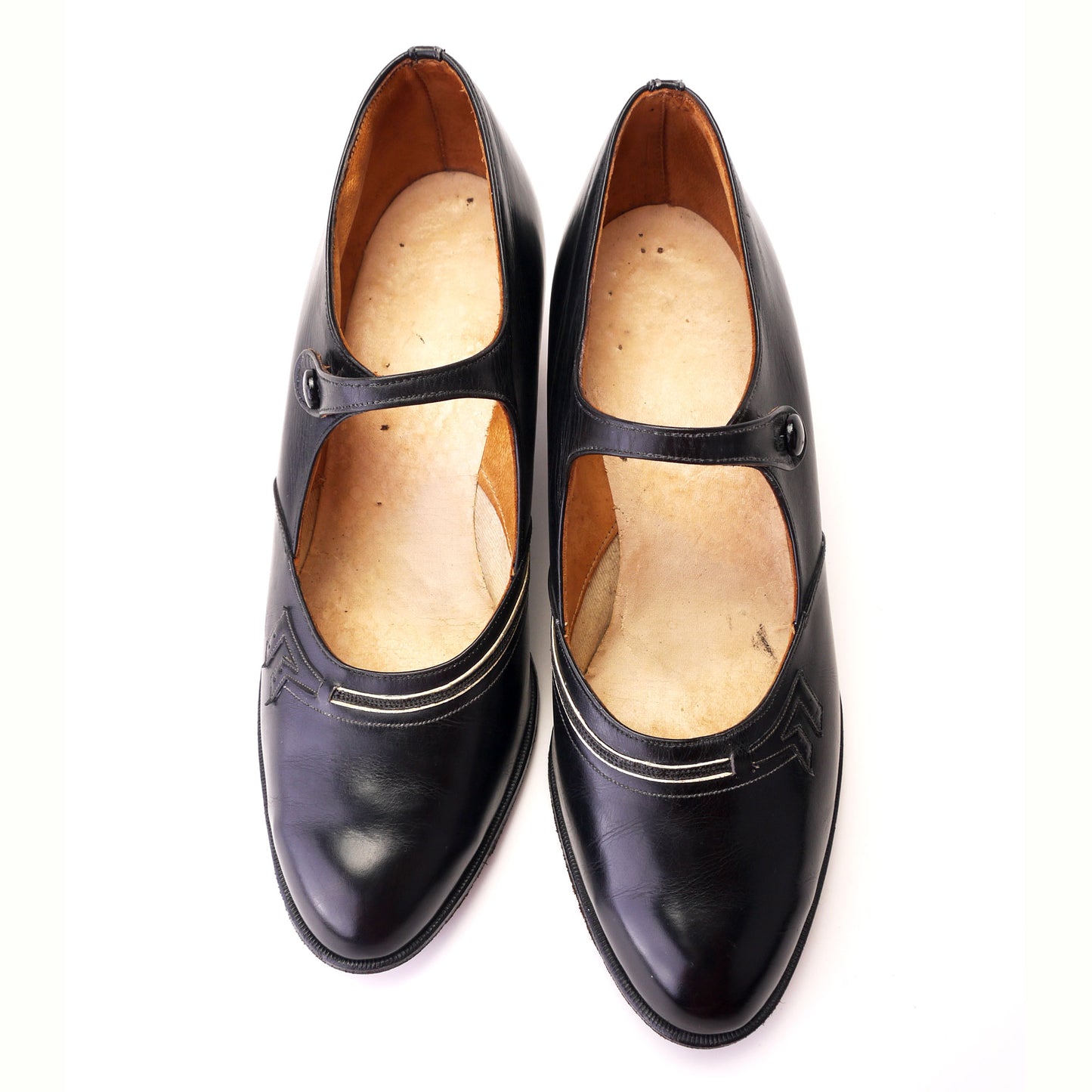 1920s Black Glacé Bar Shoes with Deco Trim UK 4
