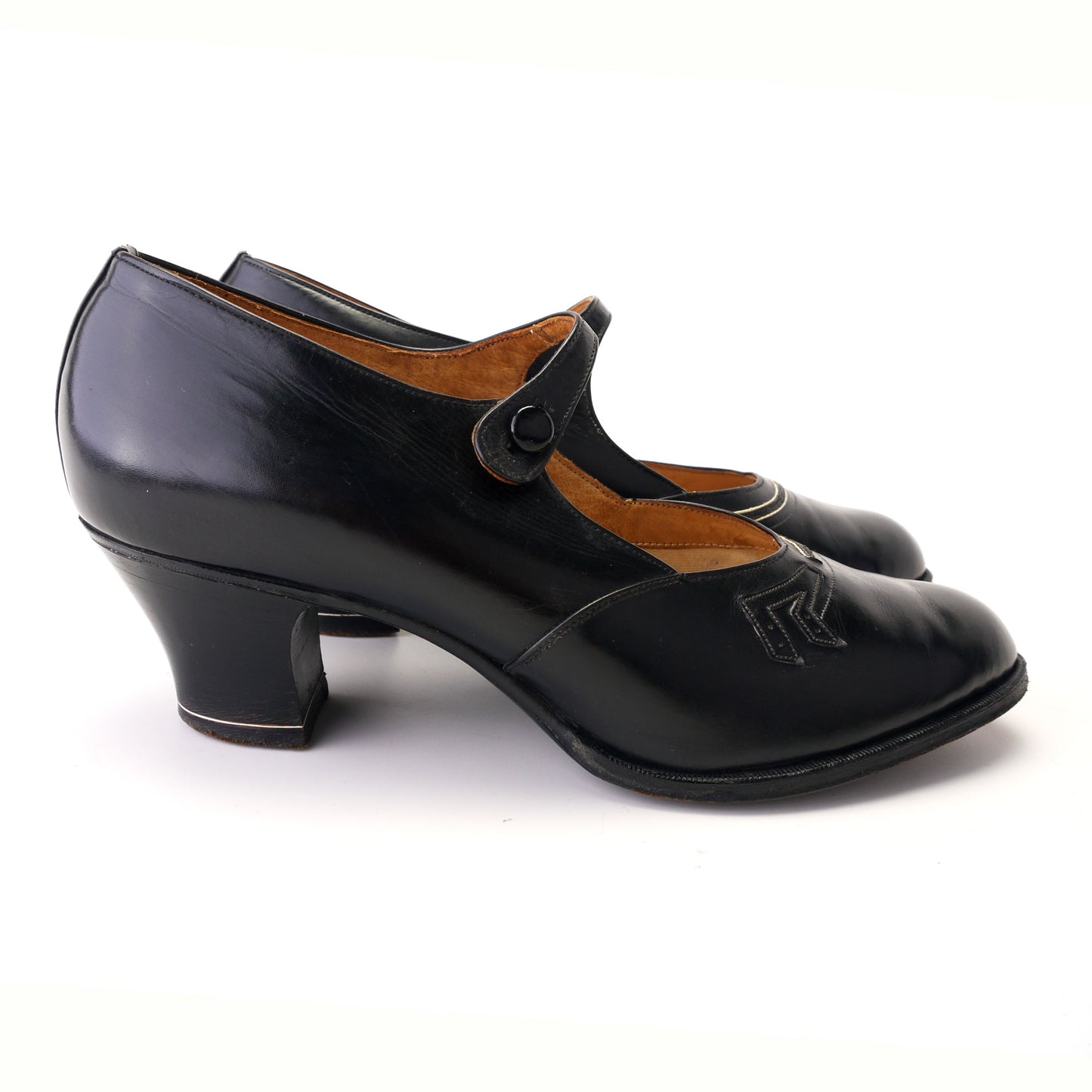 1920s Black Glacé Bar Shoes with Deco Trim UK 4
