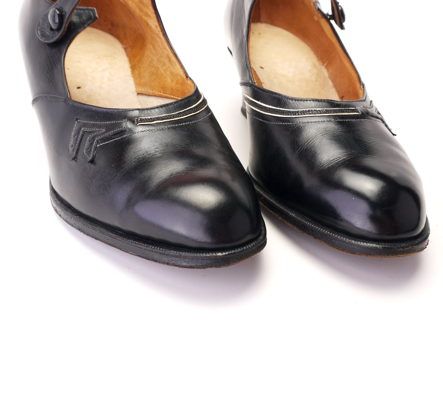 1920s Black Glacé Bar Shoes with Deco Trim UK 4