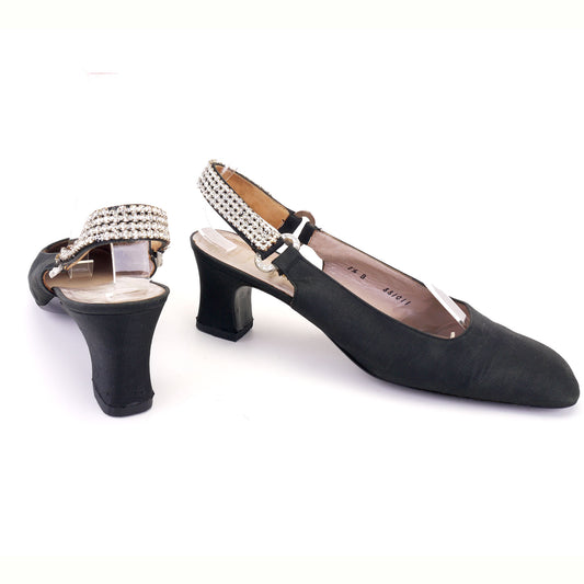 Christian Dior Black Silk & Rhinestone 1960s Slingbacks UK 5