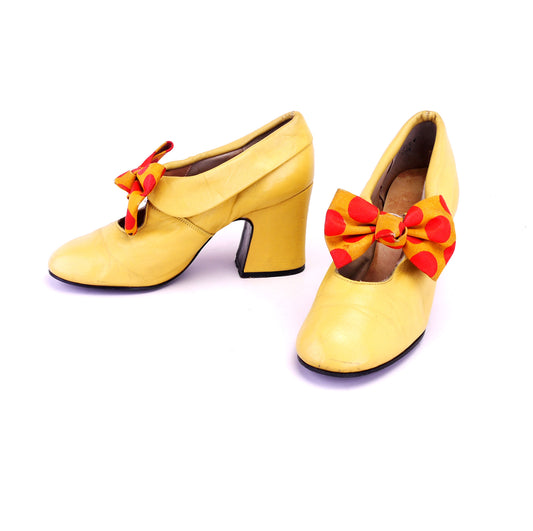 Funky 70s Butter Yellow Pumps with Polka Dot Bow UK 4