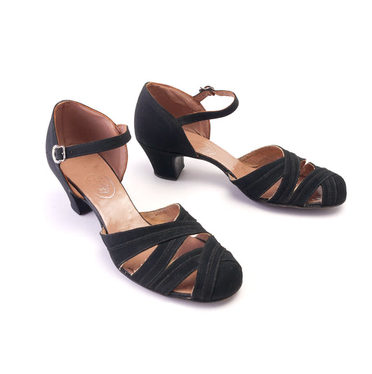 Black Grossgrain Dance Sandals by Charles 1930s UK 4