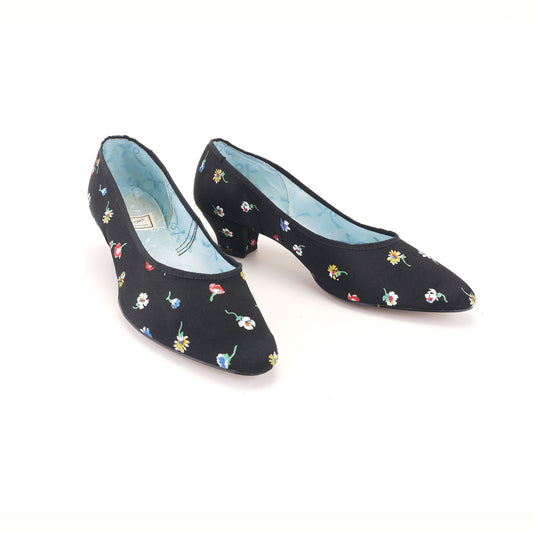 1950s Black & Floral Ladies Slippers UK 5