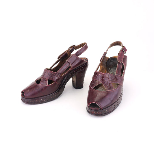 1940s French Oxblood Platform Sandals UK 4.5