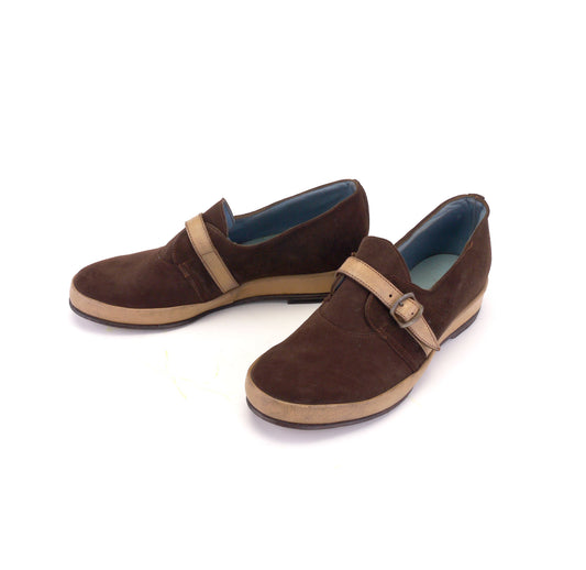 Deadstock 1940s Brown Suede & Beige Casual Wedges UK 3.5