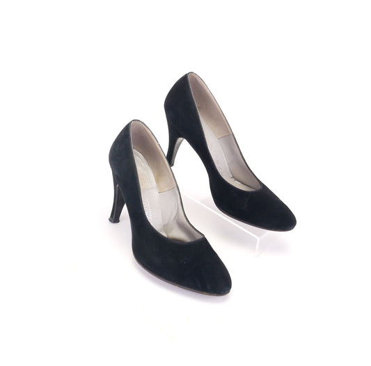 1950s Delman Black Suede Stiletto Pumps UK 3.5