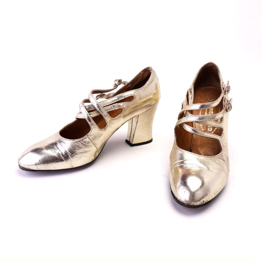 Elliott Late 1960s Gold Strappy Pumps UK 5