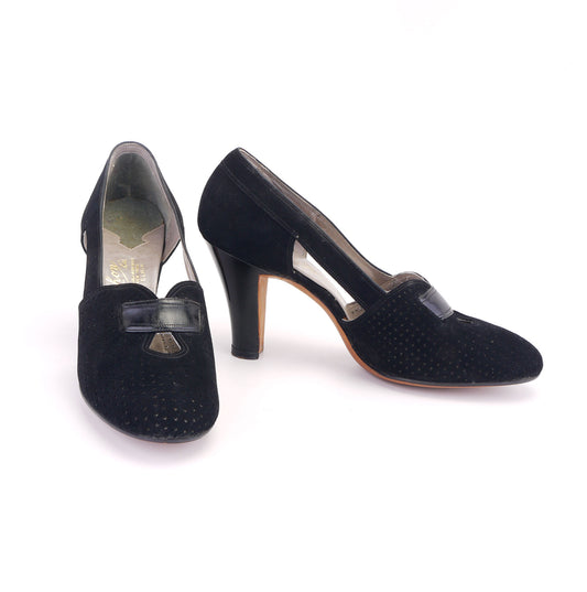 1930s Unworn Fanchon Black Open Side Pumps UK 3.5