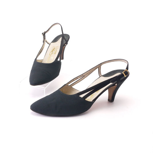Original 1960s Ferragamo Black Silk Slingbacks UK 4