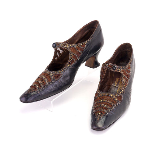 Antique Beaded Bronze French Bar Shoes c1910 UK 6