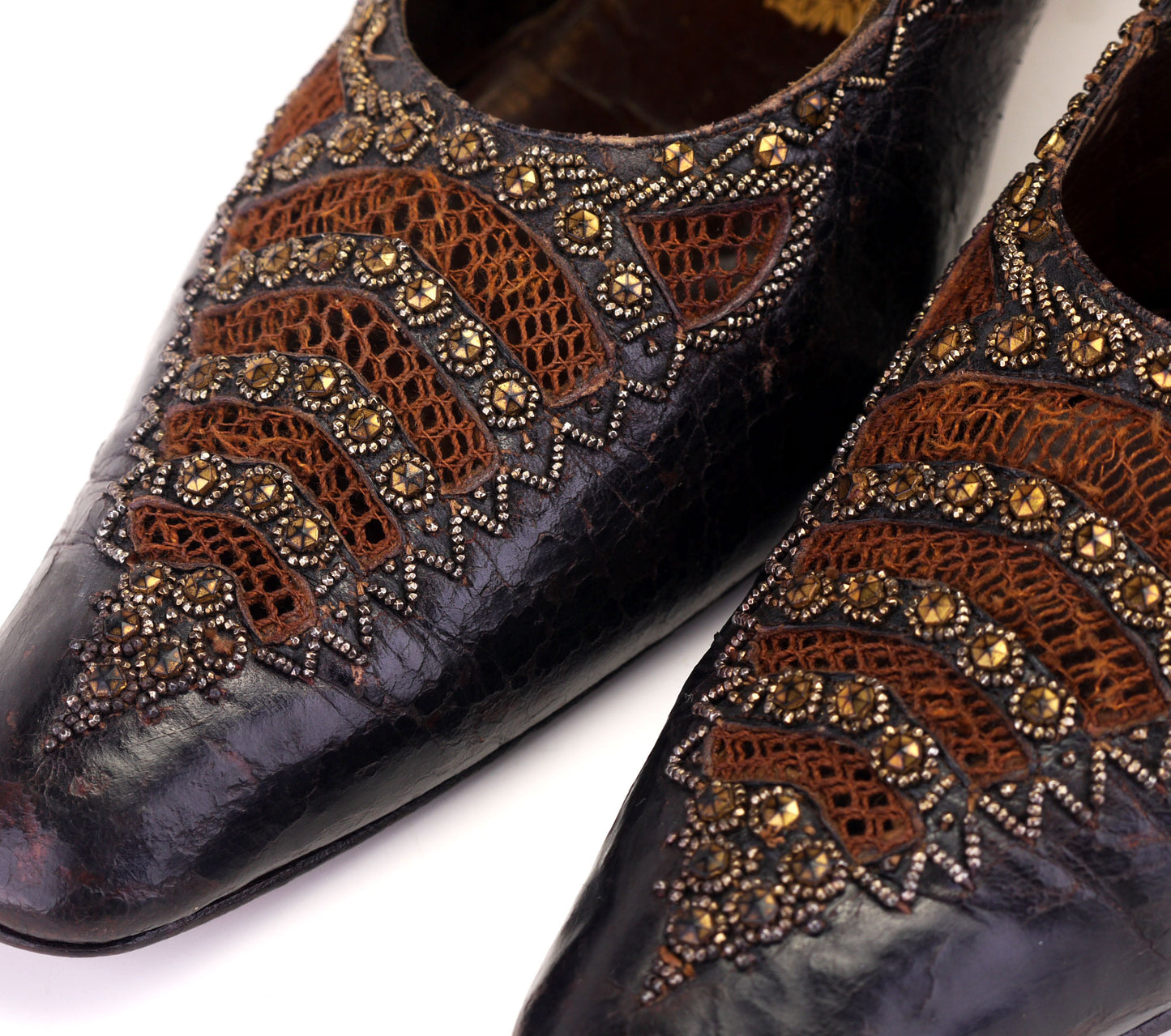 Antique Beaded Bronze French Bar Shoes c1910 UK 6