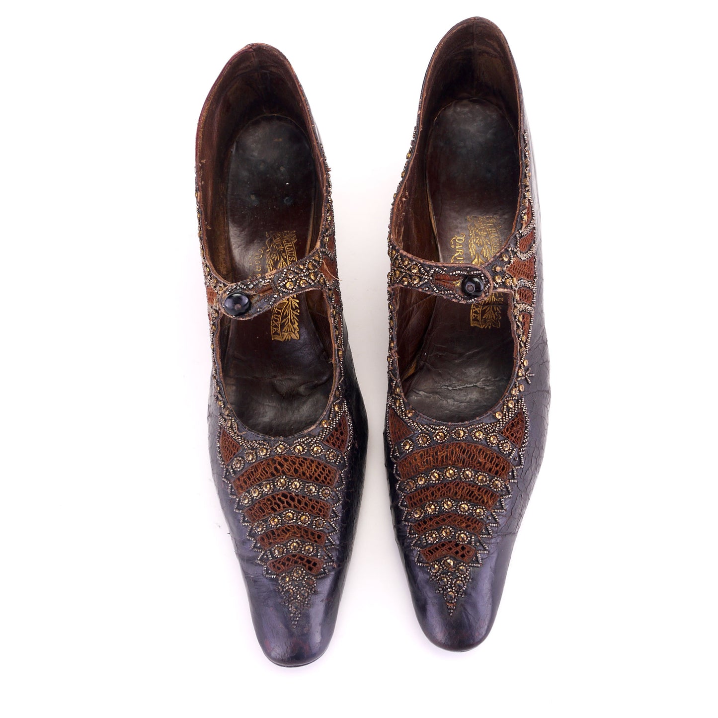 Antique Beaded Bronze French Bar Shoes c1910 UK 6