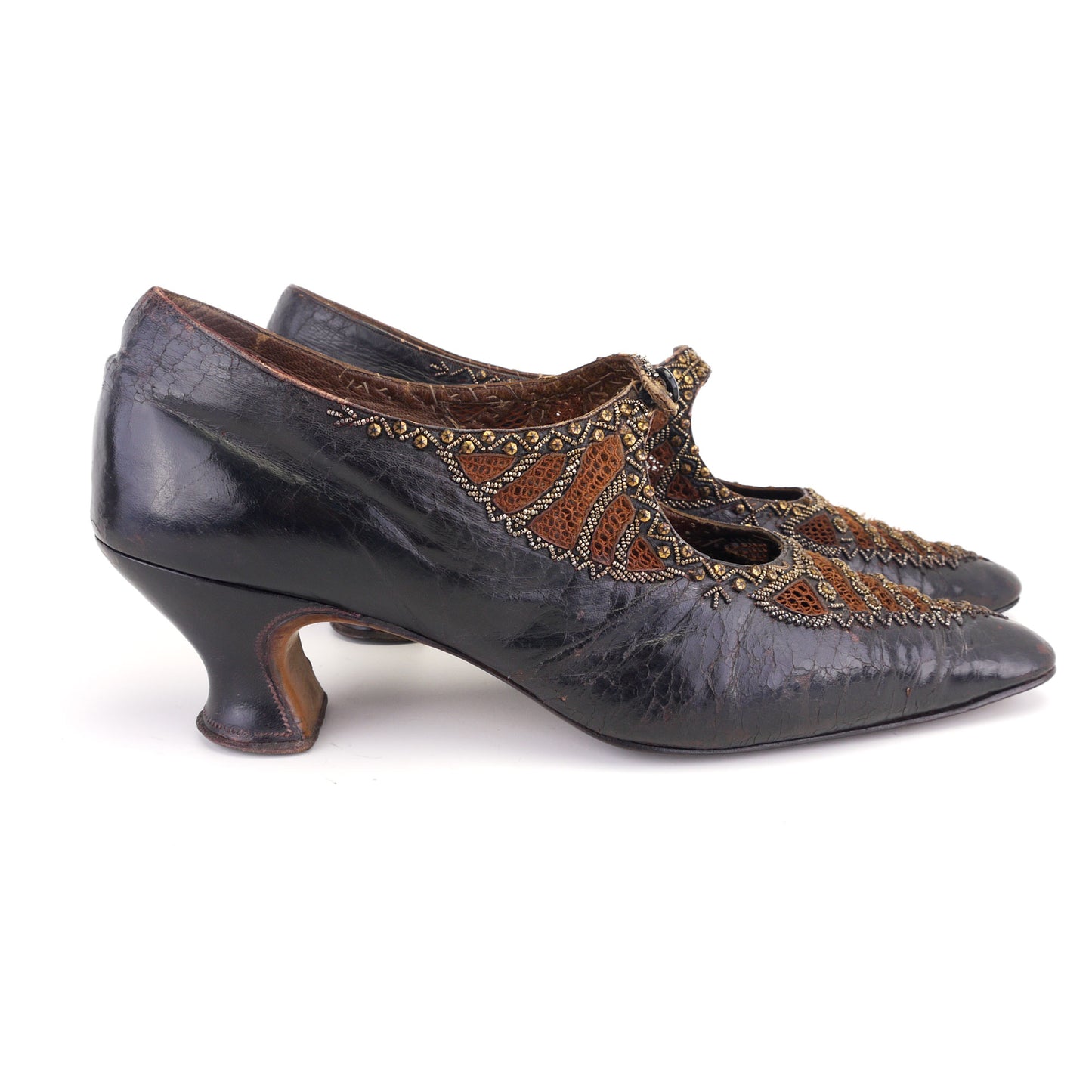 Antique Beaded Bronze French Bar Shoes c1910 UK 6