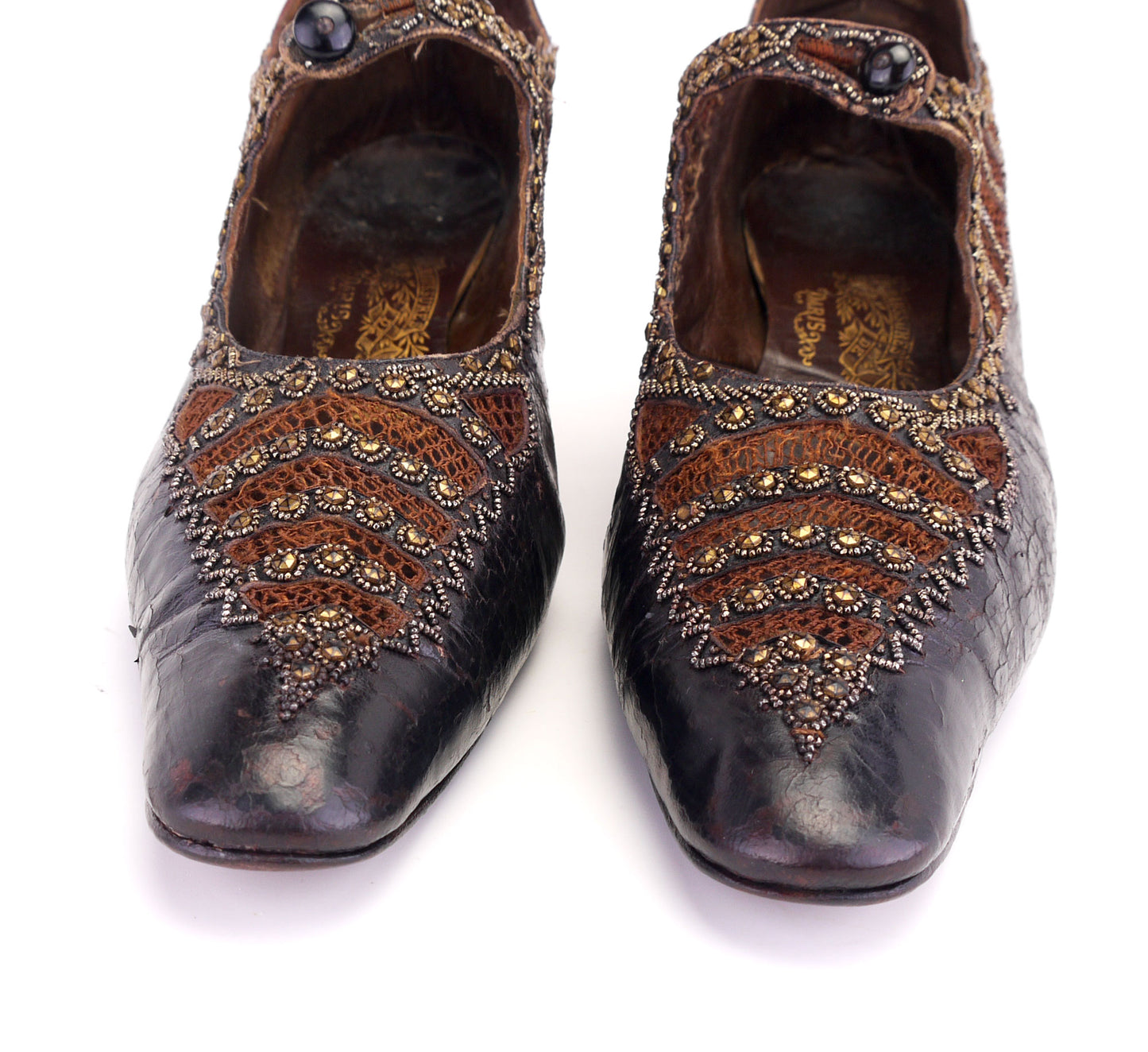 Antique Beaded Bronze French Bar Shoes c1910 UK 6