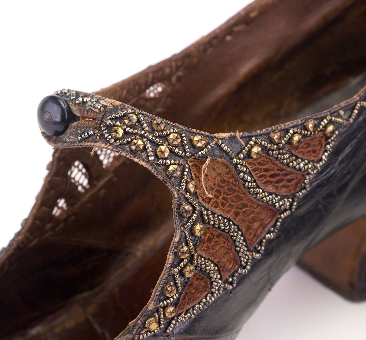Antique Beaded Bronze French Bar Shoes c1910 UK 6
