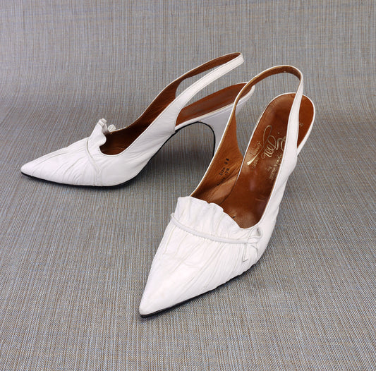 White Ruched 1960s Stiletto Slingbacks by GM UK 5