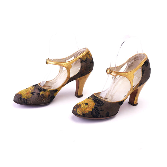 1920s Black & Gold Floral Brocade Evening Shoes UK 2.5