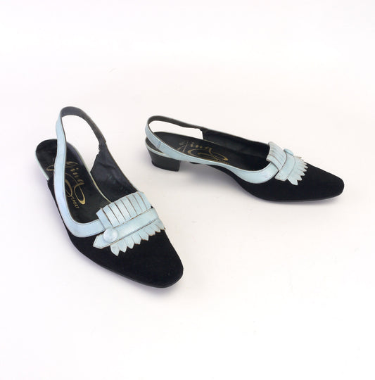 1960s Slingbacks by Gina Sport in Black and Pale Blue UK 4.5