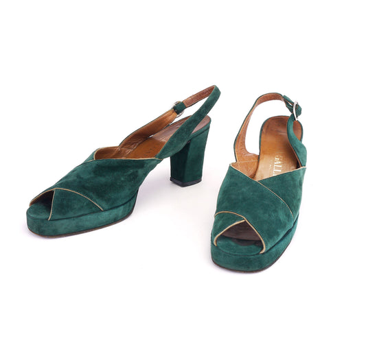 1970s Forest Green Suede Platform Sandals By I Miller UK 6