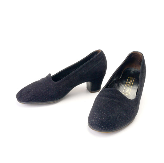 1950s Black Suede Chaussures Joe Pumps UK 4 Wide