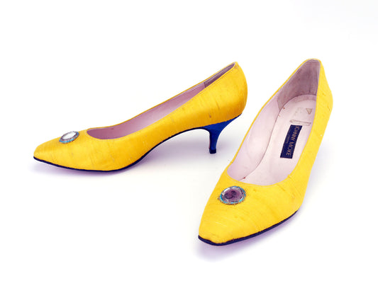 1980s Johnny Moke Yellow & Blue Indian Silk Pumps UK 7