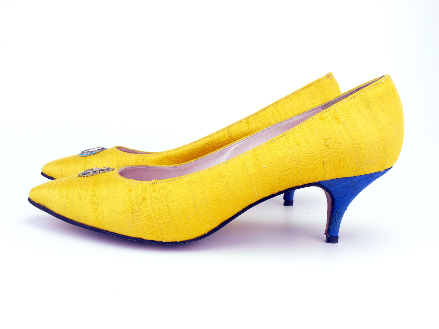 1980s Johnny Moke Yellow & Blue Indian Silk Pumps UK 7