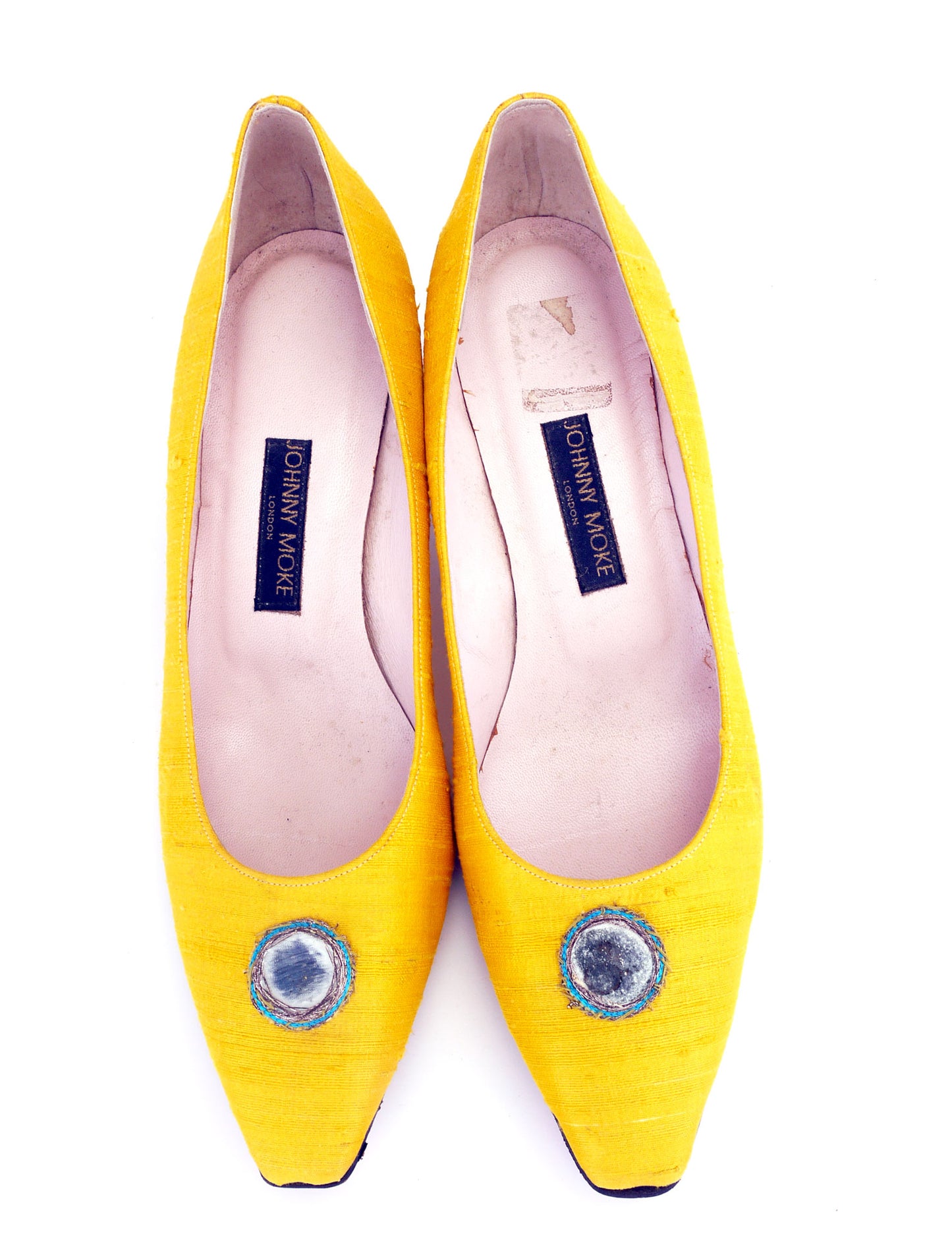 1980s Johnny Moke Yellow & Blue Indian Silk Pumps UK 7