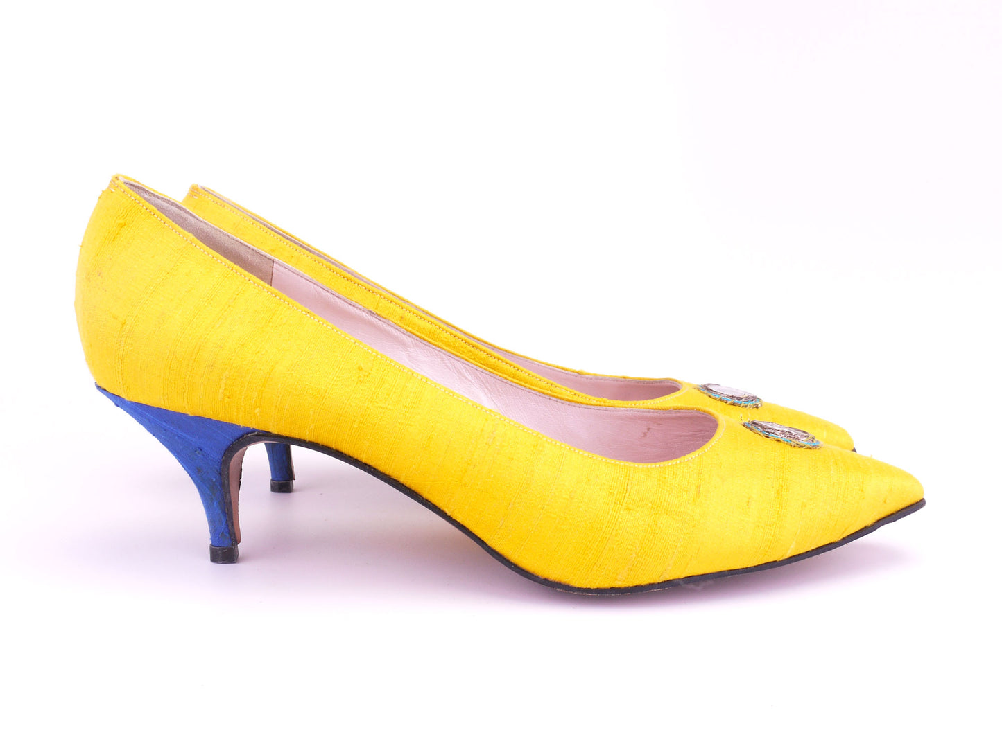 1980s Johnny Moke Yellow & Blue Indian Silk Pumps UK 7