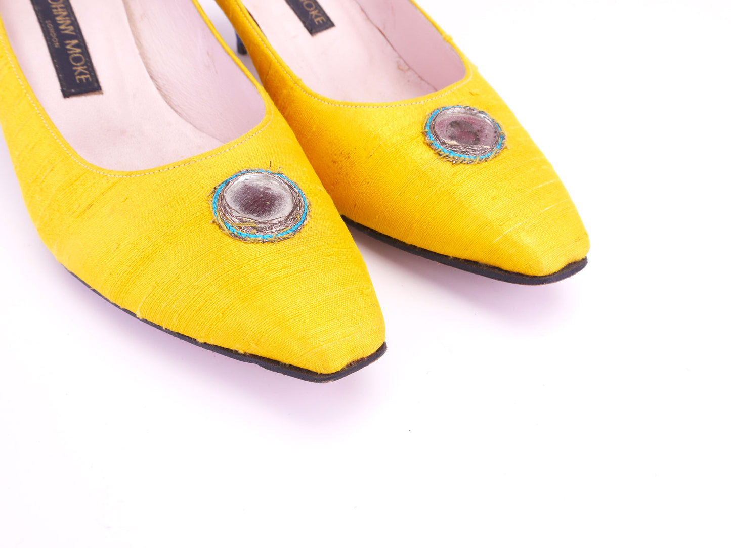 1980s Johnny Moke Yellow & Blue Indian Silk Pumps UK 7