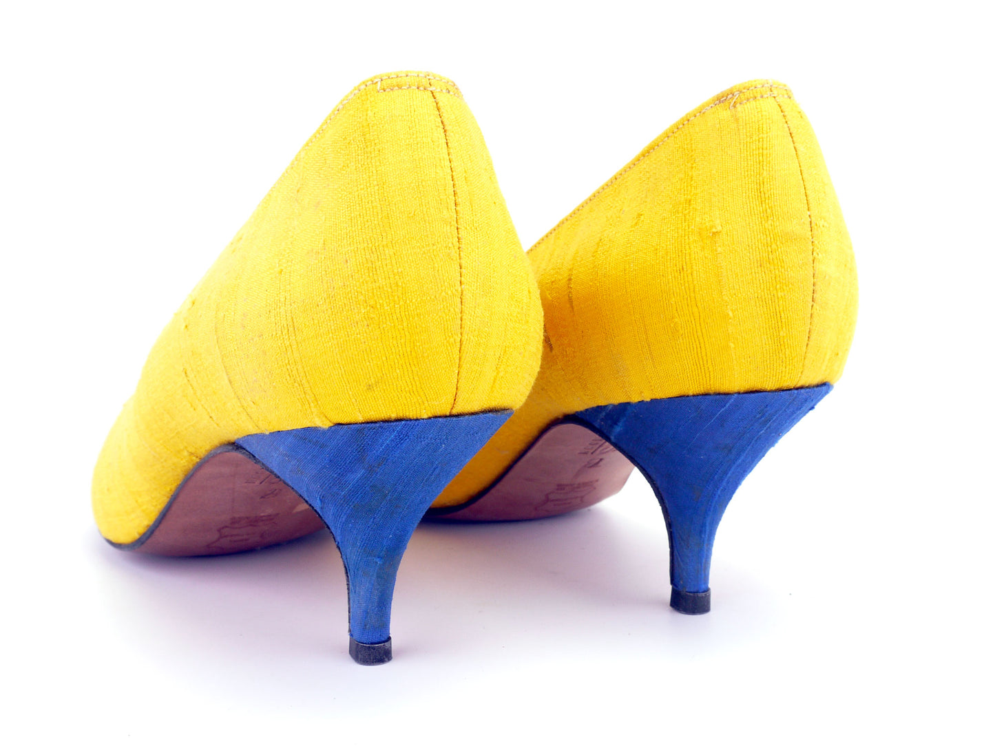 1980s Johnny Moke Yellow & Blue Indian Silk Pumps UK 7
