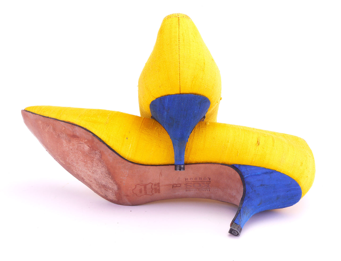 1980s Johnny Moke Yellow & Blue Indian Silk Pumps UK 7