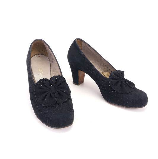 Perforated Black Suede 1940s Pumps by Red Cross K Shoes UK 4.5