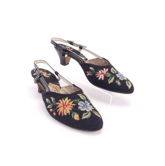 1950s Black Needlepoint Floral Slippers by Leroux UK 6.5