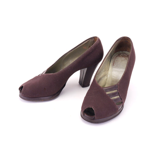 Lotus 1940s Brown Gabardine Platform Pumps UK 5