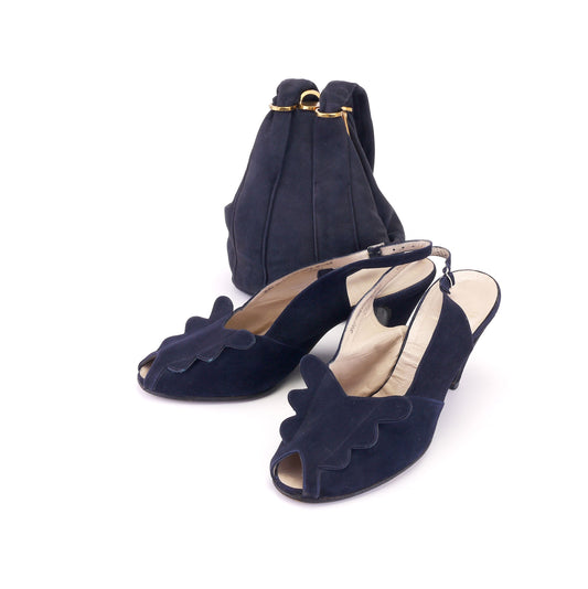 1940s Lotus Navy Suede Slingbacks and Bag UK 8