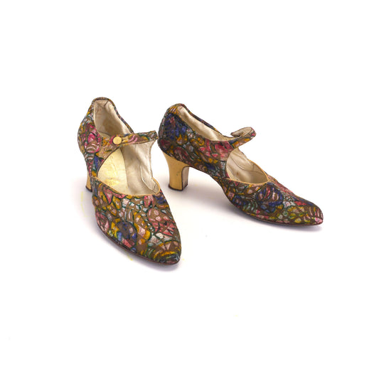 1920s Multi Colour Brocade Bar Shoes by Manfield UK 3