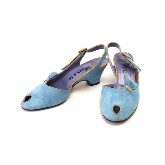 80s Sky Blue Suede Wedge Sandals by Midas UK 4.5