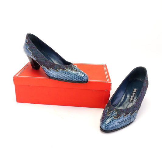1980s Andrea Pfister Blue Brocade & Snakeskin Pumps UK 4