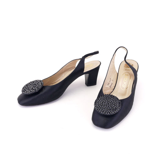 Rayne Black Silk With Rhinestones 1960s Slingbacks UK 4.5