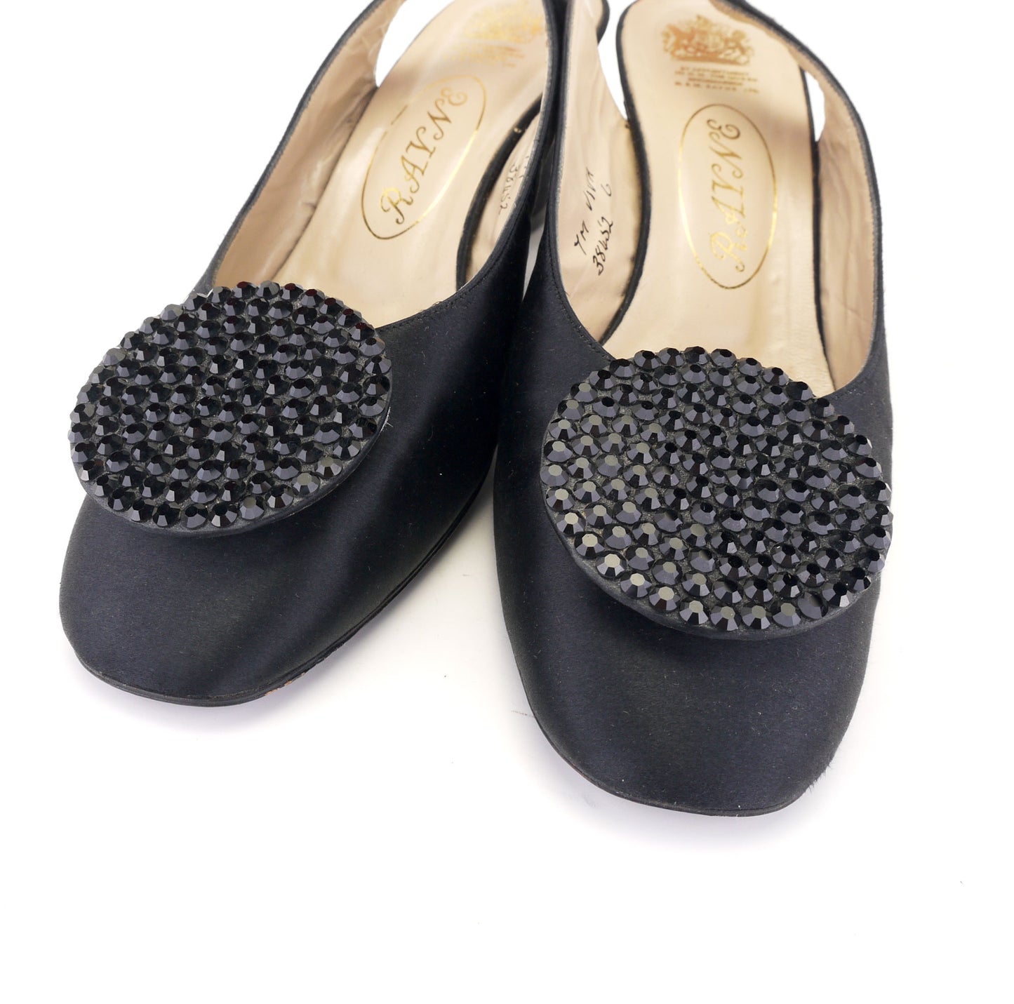 Rayne Black Silk With Rhinestones 1960s Slingbacks UK 4.5